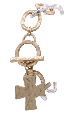 Hammered Oval Chain Cross Charm Toggle Bracelet