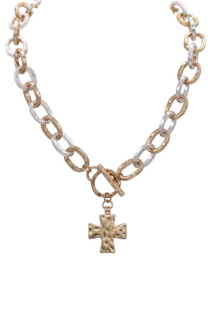 Hammered Oval Chain Cross Pendant Toggle Necklace