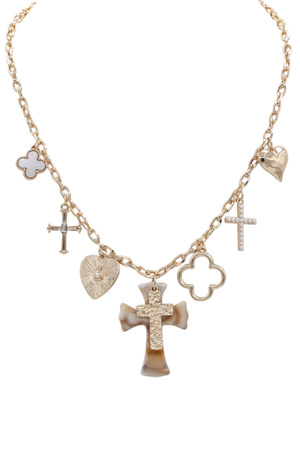 Chain Multi-Charm Necklace with Cross, Hearts & Clover