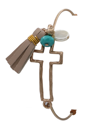 Hammered Metal Cross Tassel Bangle Bracelet